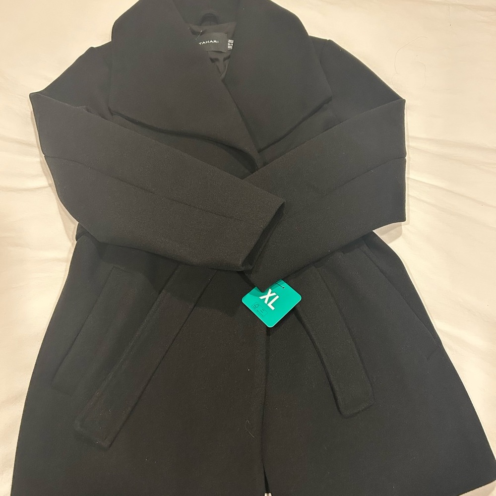 Tahari Elegant Black Wrap Coat